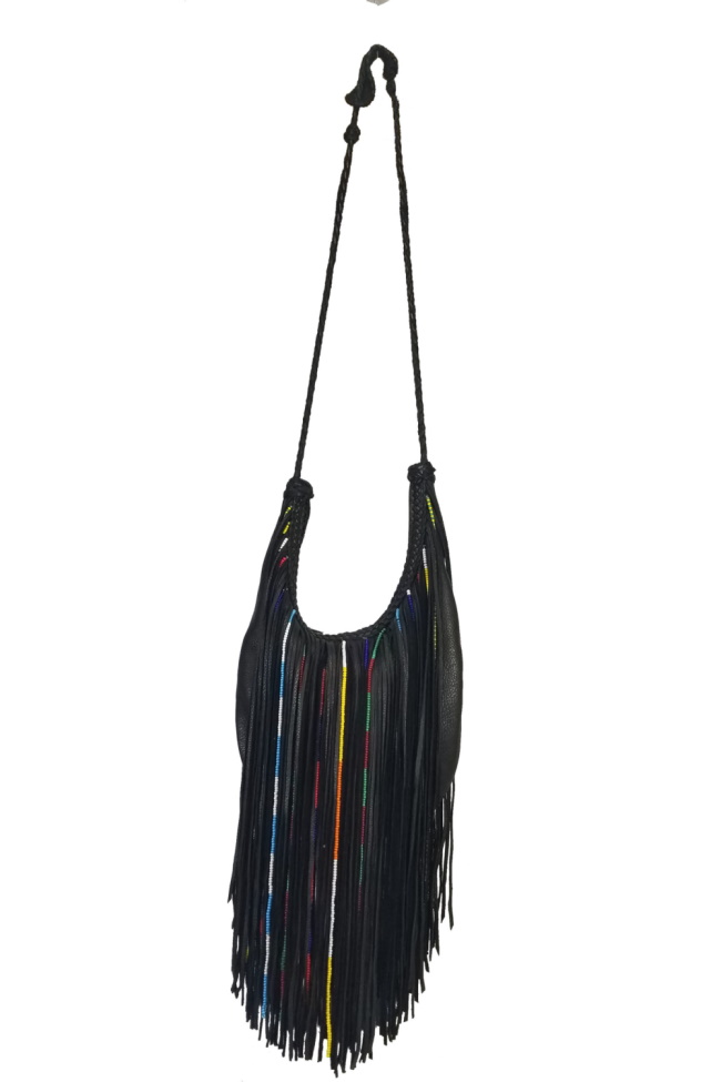 (image for) Gypsy Glass Beaded Fringe Large Leather Bag